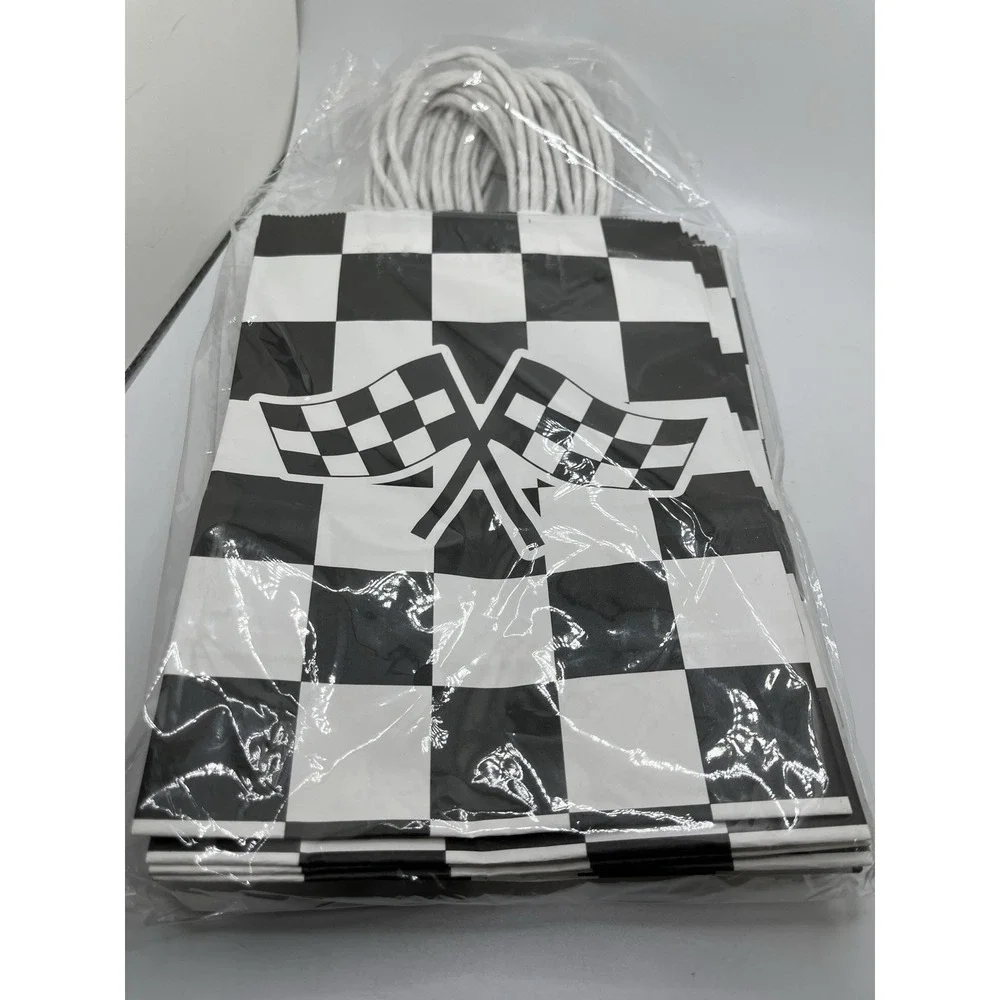 16Pcs Checkered with Flags Race Car Party Favor Bags, Black and‎ White 8x6x3 in.